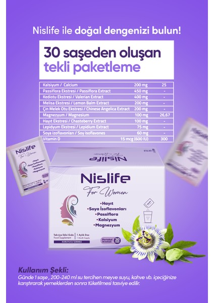 Nislife Hayıt Tohumu, Soya Izoflavonları ve Passiflora İçeren Takviye Edici Gıda 30 Saşe