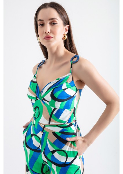 Kadın Yeşil Askılı Desenli Crop Bluz