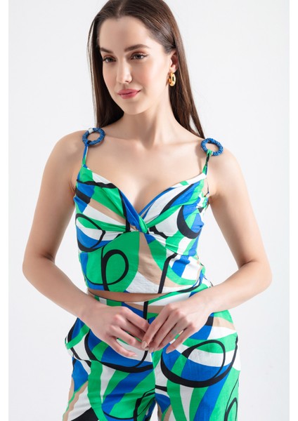 Kadın Yeşil Askılı Desenli Crop Bluz fiyatları