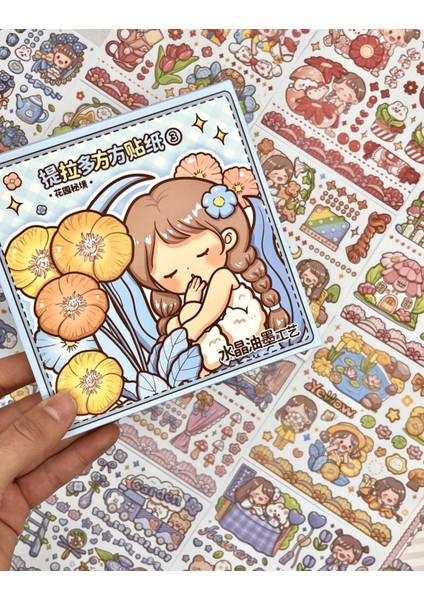Sevimli Kız ve Tavşan Mavi Kutu Sticker Çıkartma Defter Süsleme Bullet Journal Scrapbook