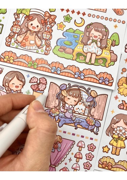 Sevimli Kız ve Tavşan Mavi Kutu Sticker Çıkartma Defter Süsleme Bullet Journal Scrapbook