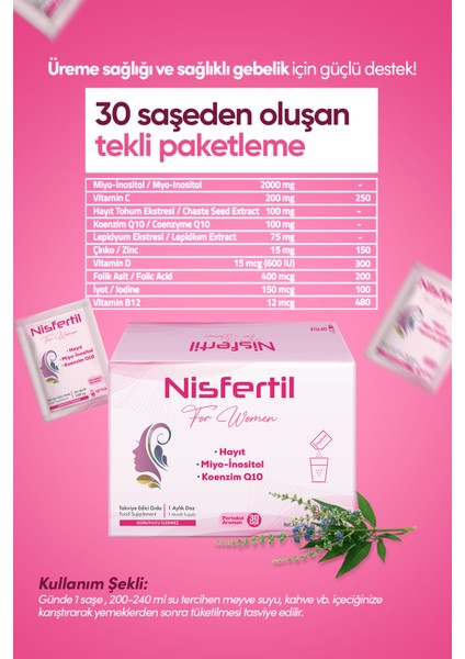 Arnis Pharma Nisfertil Hayıt Tohumu, Miyo Inositol ve Koenzim Q10 İçeren Takviye Edici Gıda 30 Saşe