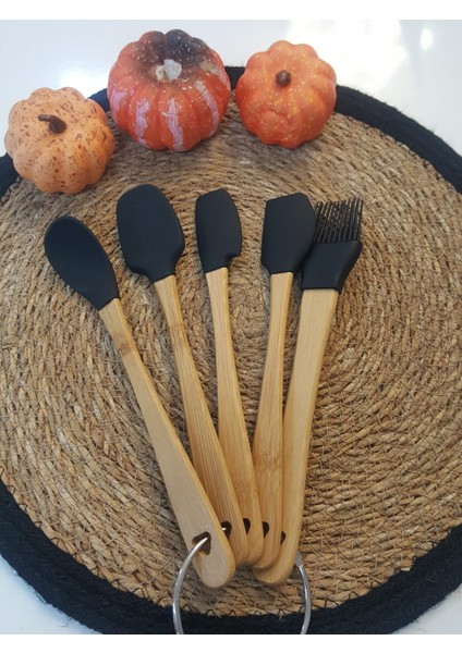 Bambu Saplı 5 Parça Mini Silikon Spatula Kaşık Fırça Seti - Siyah