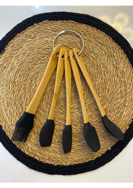 Bambu Saplı 5 Parça Mini Silikon Spatula Kaşık Fırça Seti - Siyah