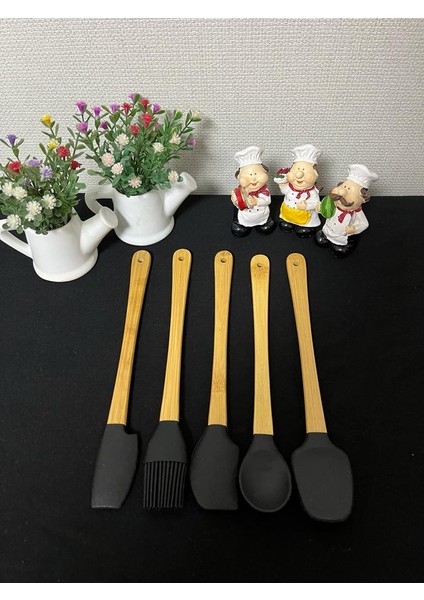 Bambu Saplı 5 Parça Mini Silikon Spatula Kaşık Fırça Seti - Siyah