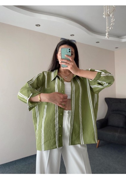 Yeşil Çizgili Oversize Pamuk Gömlek Standart