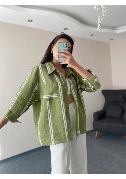 Yeşil Çizgili Oversize Pamuk Gömlek Standart fiyatları