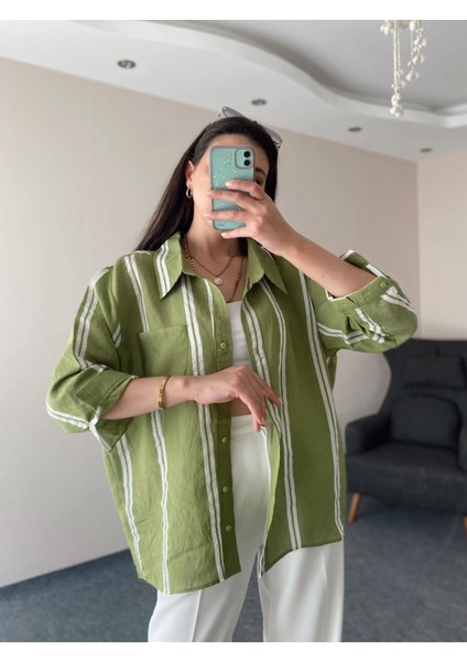 Yeşil Çizgili Oversize Pamuk Gömlek Standart modelleri