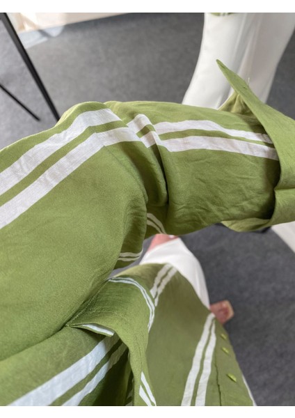 Yeşil Çizgili Oversize Pamuk Gömlek Standart fırsatları