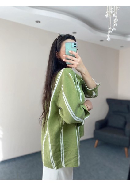 Yeşil Çizgili Oversize Pamuk Gömlek Standart indirimleri