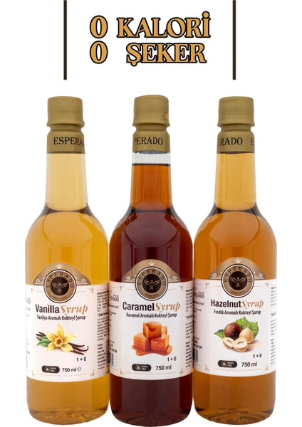 Vanilya - Karamel - Fındık Aromalı Kahve & Kokteyl Şurubu  Şekersiz 3 x 750 ml