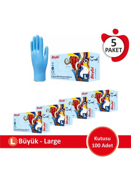 Nitril Mavi Pudrasız Muayene Eldiveni - 5 Paket (100'LÜK Kutu)
