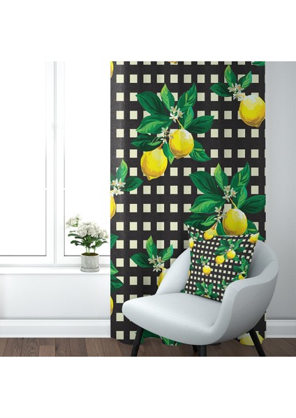 Dijital Baskılı Limon Motifli Salon Mutfak Tek Kanat Fon Perde Takımı, V-Kp-38-03,