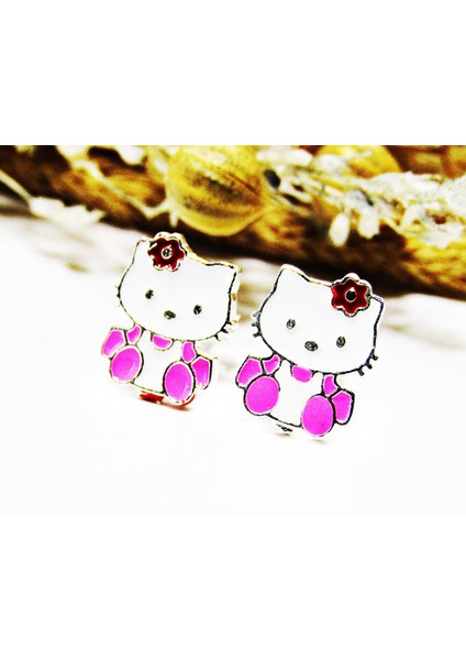 Lilahgümüştr Gümüş Mineli Hello Kitty Kız Çocuk Küpe