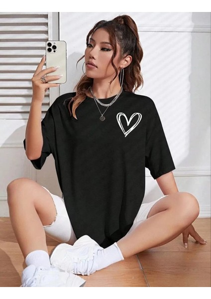 Kadın Bisiklet Yaka Baskılı Oversize T-Shirt Siyah