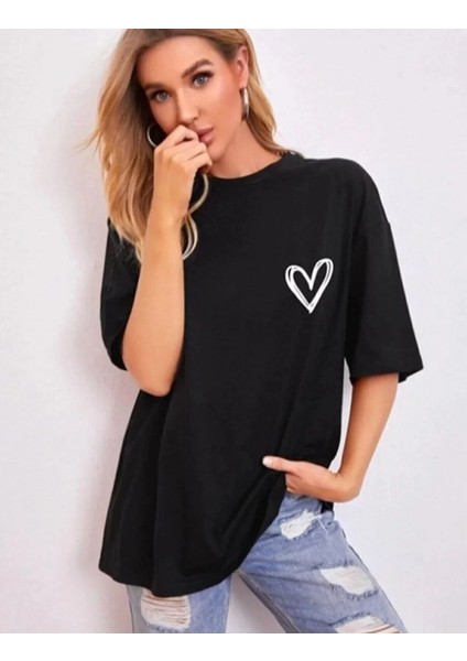 Kadın Bisiklet Yaka Baskılı Oversize T-Shirt Siyah