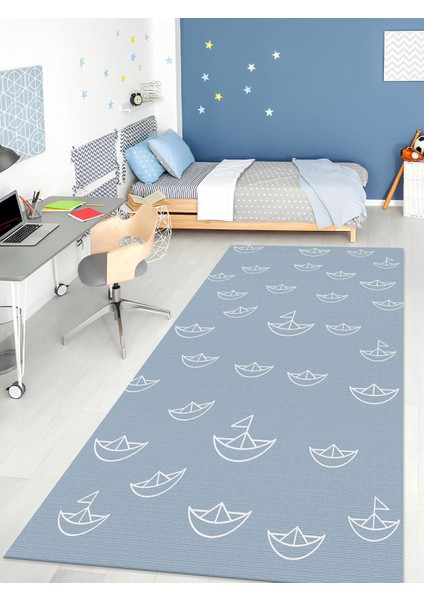 Gemi Desenli Halı Yıkanabilir Kaymaz Taban Bebek ve Çocuk Odası