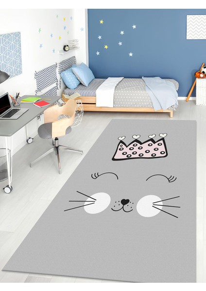 Sevimli Kedi Halısı Yıkanabilir Kaymaz Taban Çocuk Odası