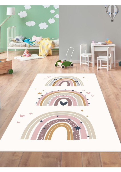 Pastel Tonlu Gökkuşağı Halısı Yıkanabilir Kaymaz Taban Çocuk Odası