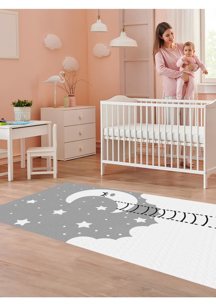 Sevimli Ay Halısı Yıkanabilir Kaymaz Taban Bebek ve Çocuk Odası