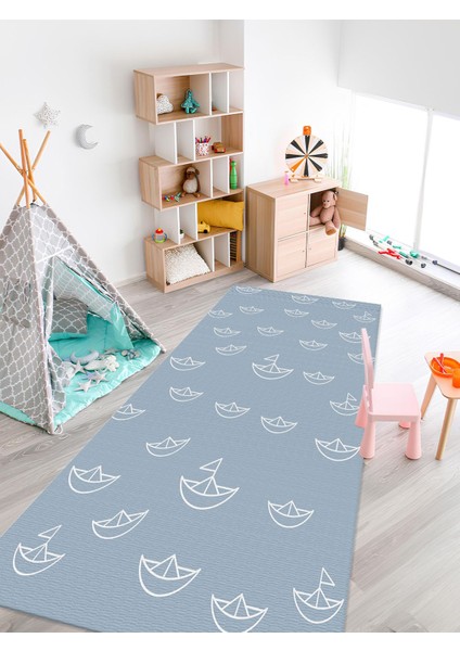 Gemi Desenli Halı Yıkanabilir Kaymaz Taban Bebek ve Çocuk Odası
