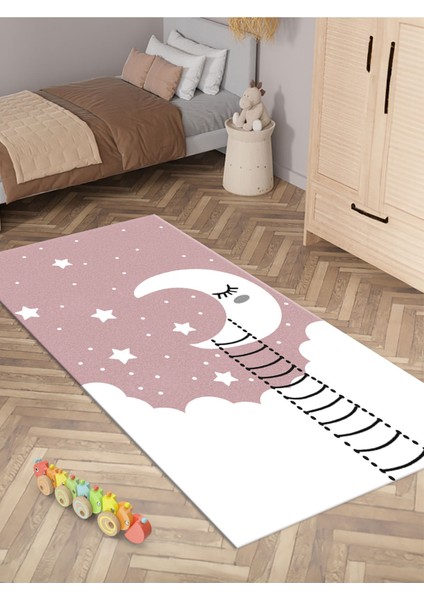 Yıldız ve Ay Desenli Halı Yıkanabilir Kaymaz Taban Çocuk Odası