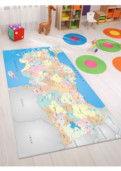 Eğitici Türkiye Harita Halısı Yıkanabilir Kaymaz Taban Çocuk Oda Halısı