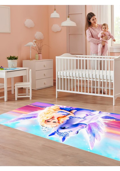 Prenses Kız Çocuk Halısı Yıkanabilir Kaymaz Taban Çocuk Odası