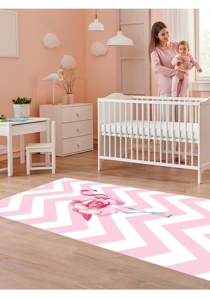 Flamingo Çiçek Halısı Yıkanabilir Kaymaz Taban Çocuk Odası
