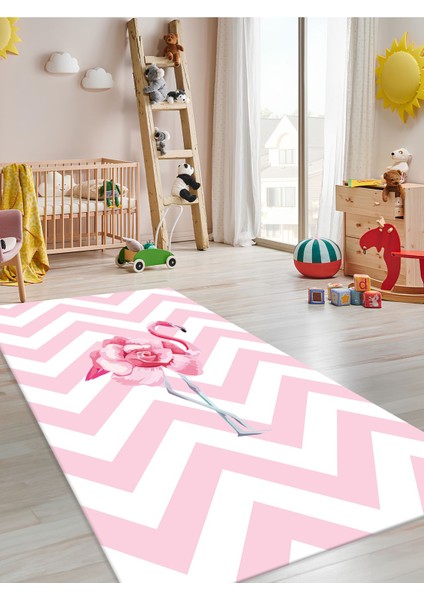 Flamingo Çiçek Halısı Yıkanabilir Kaymaz Taban Çocuk Odası