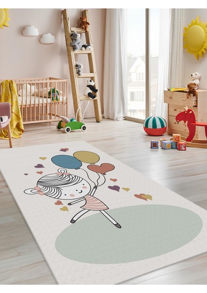Balon Tutan Kız Halısı Yıkanabilir Kaymaz Taban Bebek ve Çocuk Odası