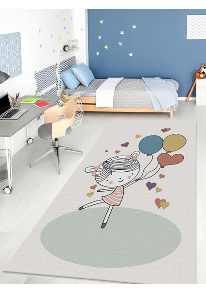 Balon Tutan Kız Halısı Yıkanabilir Kaymaz Taban Bebek ve Çocuk Odası