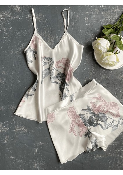 Çiçek Desenli Saten Şortu Takım