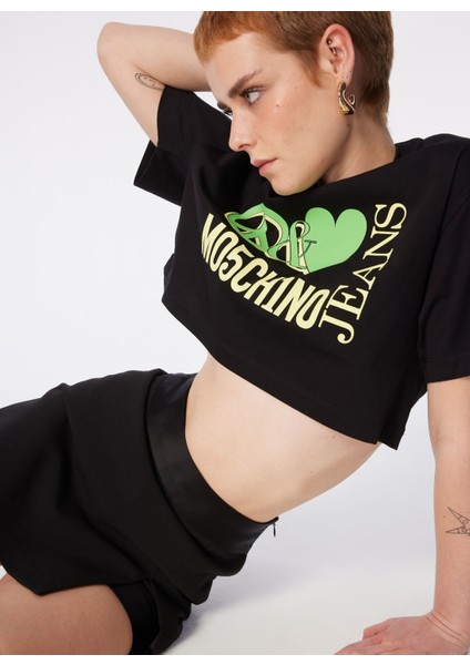 Yuvarlak Yaka Baskılı Siyah Kadın T-Shirt 241K1J0703