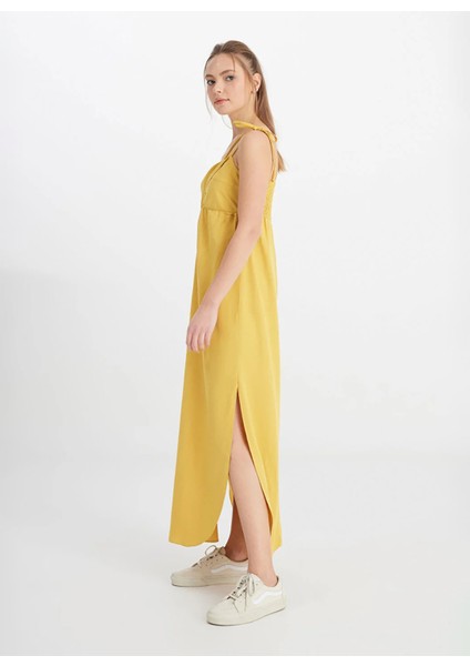 Kare Yaka Koyu Sarı Standart Kadın Elbise W241610210-KOLSUZ Elbise fiyatları