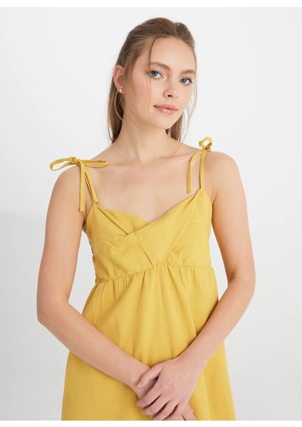 Kare Yaka Koyu Sarı Standart Kadın Elbise W241610210-KOLSUZ Elbise modelleri