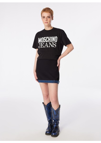 Yuvarlak Yaka Baskılı Siyah Kadın T-Shirt 241K1J0712