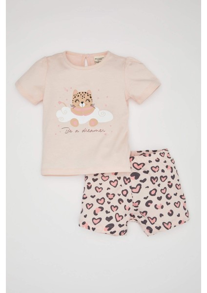 Kız Bebek Leopar Desenli Penye Kısa Kollu Şortlu Pijama Takımı C0911A524HS