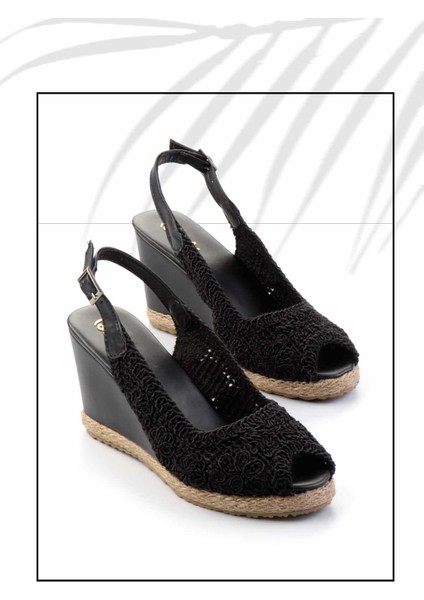 Siyah Örgü Kadın Dolgu Topuklu Ayakkabı K01874055616