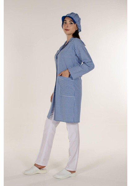 Mavi Pötikare Kadın Iş Önlük Açık Yaka modelleri