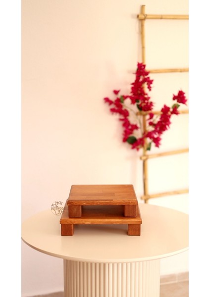 2 Li Tityos Küp Ayaklı 25X25 cm ve 30X30 cm Ahşap Kare Pasta Sunum Servis Tabağı
