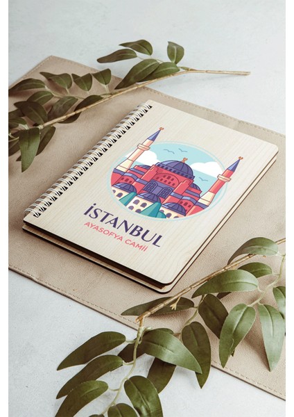 Istanbul Ayasofya Camii Şehir Tasarım Ahşap Kapaklı Defter Kraft Kağıt Özel Tasarım