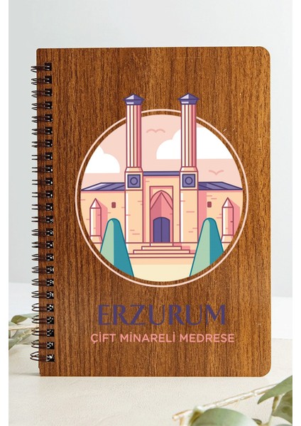Erzurum Çift Minareli Medrese Şehir Tasarım Ahşap Kapaklı Defter Kraft Kağıt Özel Tasarım