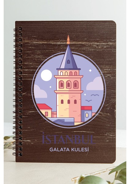 Istanbul Galata Kulesi Şehir Tasarım Ahşap Kapaklı Defter Kraft Kağıt Özel Tasarım