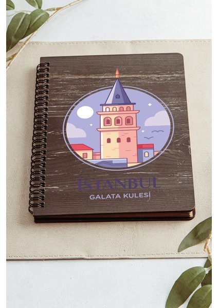 Istanbul Galata Kulesi Şehir Tasarım Ahşap Kapaklı Defter Kraft Kağıt Özel Tasarım