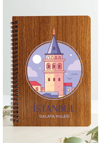 Istanbul Galata Kulesi Şehir Tasarım Ahşap Kapaklı Defter Kraft Kağıt Özel Tasarım