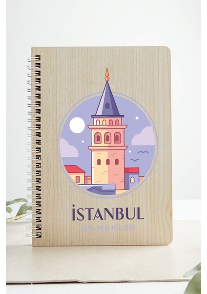 Istanbul Galata Kulesi Şehir Tasarım Ahşap Kapaklı Defter Kraft Kağıt Özel Tasarım