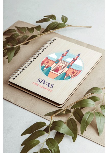 Sivas Gök Medresi Şehir Tasarım Ahşap Kapaklı Defter Kraft Kağıt Özel Tasarım indirimleri
