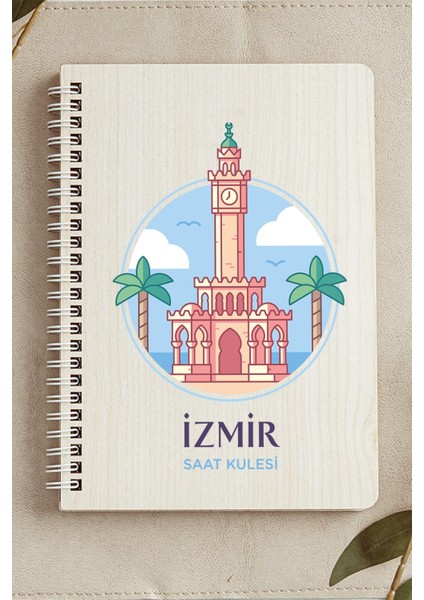 Izmir Saat Kulesi Şehir Tasarım Ahşap Kapaklı Defter Kraft Kağıt Özel Tasarım