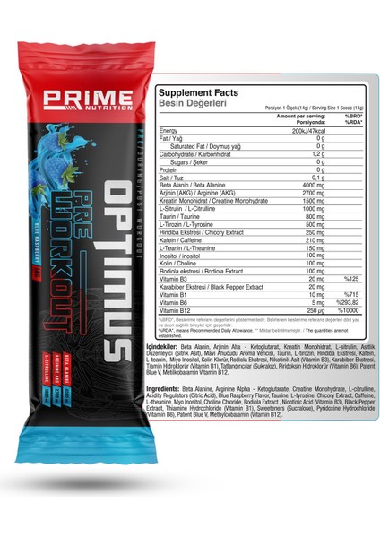 Optimus Pre-Workout 14 Gram (Tek Kullanımlık) - Blue Raspberry